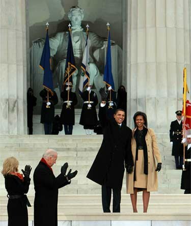 Barack and Michelle Obama Waves To Crowd at The Obama Inaugural Celebration
