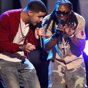 Photo of Rapper Lil Wayne and Drake performing