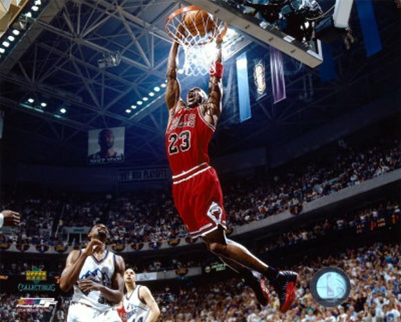 Photo of Michael Jordan dunking the basketball